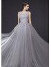 Gray Lace Tulle Beads Sheer Back Long Evening Dress